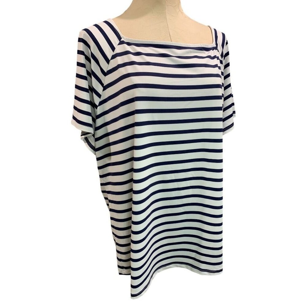 3X Talbots Womens Navy Blue White Stripe Square Neck Short Sleeve Pullover Stret